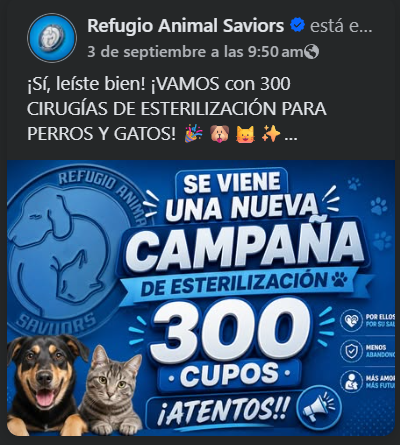 Publicación de Refugio Animal Saviors que anuncia una campaña de esterilización con 300 cupos para perros y gatos